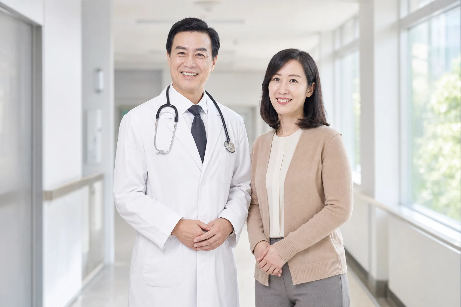 醫師與成人並肩站在明亮醫療空間